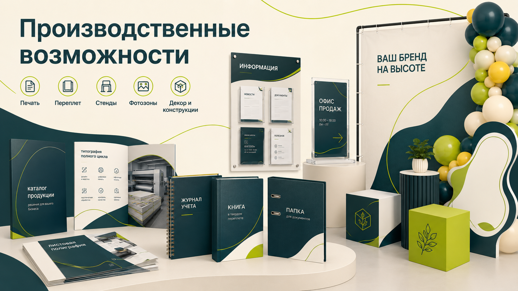Производственные возможности: печать, переплёт, стенды, фотозоны и декор